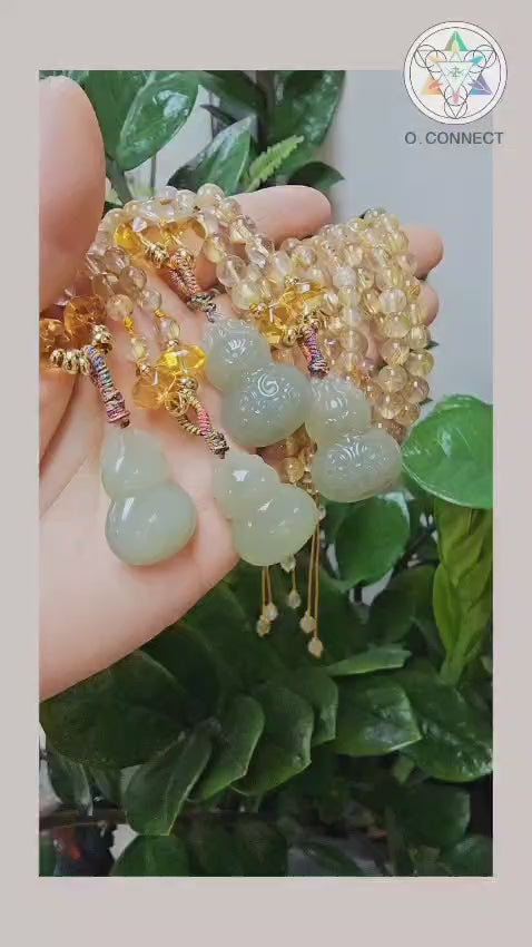 招財聚福金髮晶黃水晶青海和田玉葫蘆頸鏈